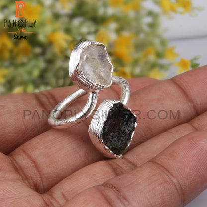 Herkimer Diamond & Moldavite 925 Silver Adjustable Ring
