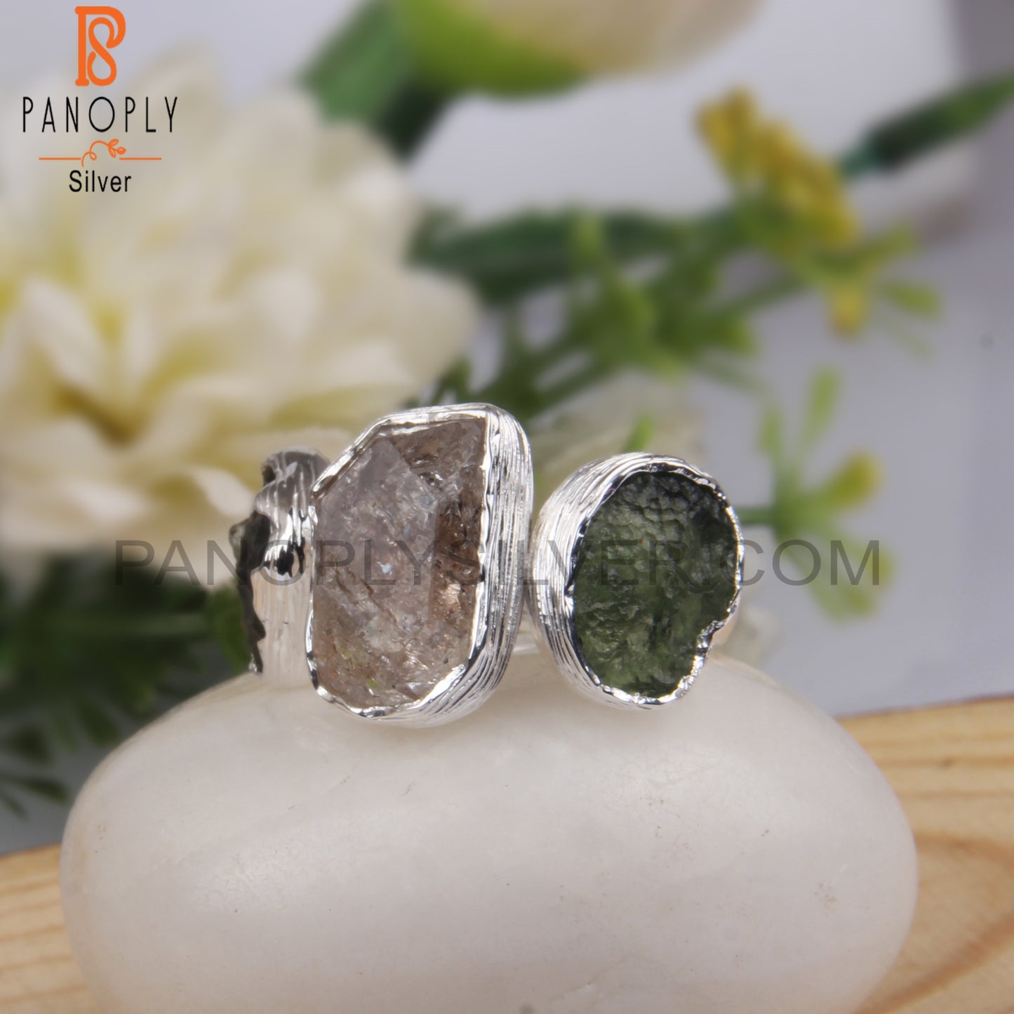 Moldavite & Herkimer Diamond 925 Sterling Silver Ring