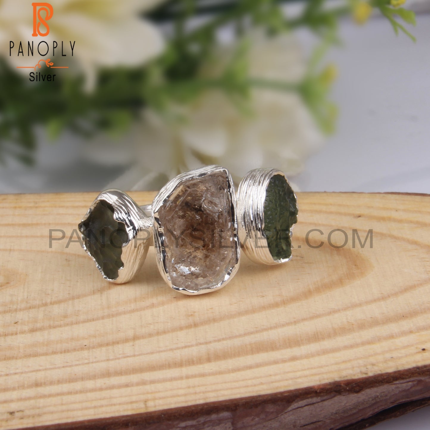 Moldavite & Herkimer Diamond 925 Sterling Silver Ring