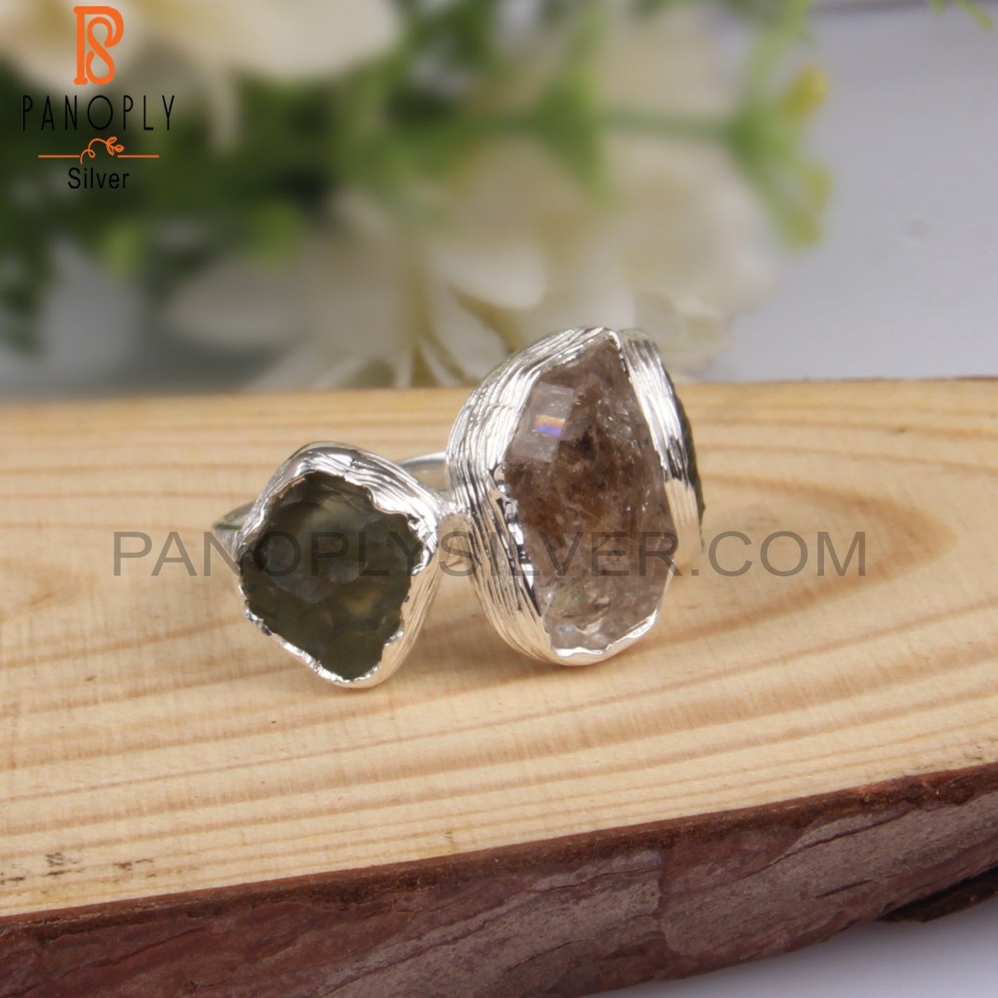 Moldavite & Herkimer Diamond 925 Sterling Silver Ring