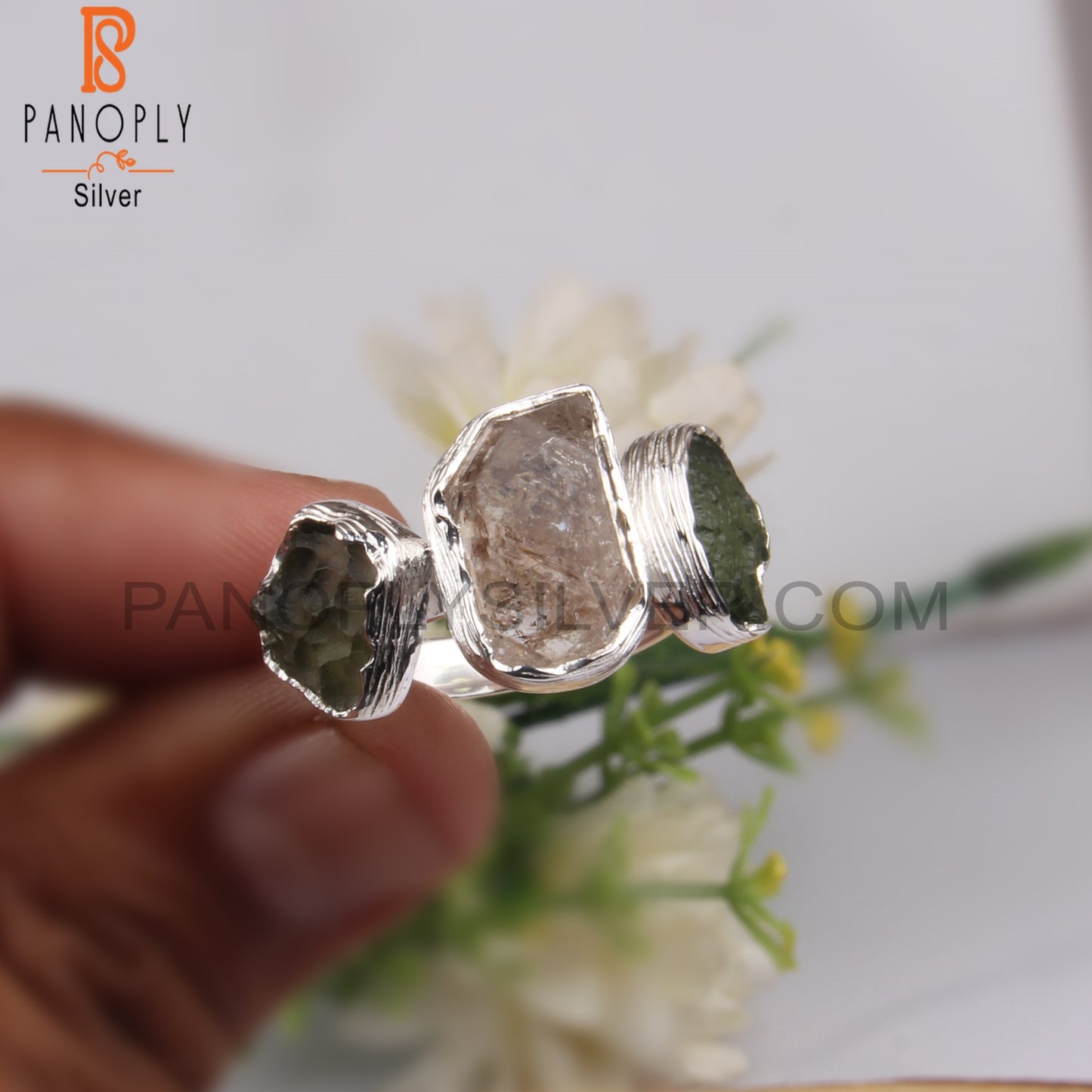 Moldavite & Herkimer Diamond 925 Sterling Silver Ring