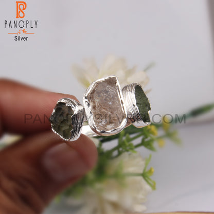 Moldavite & Herkimer Diamond 925 Sterling Silver Ring