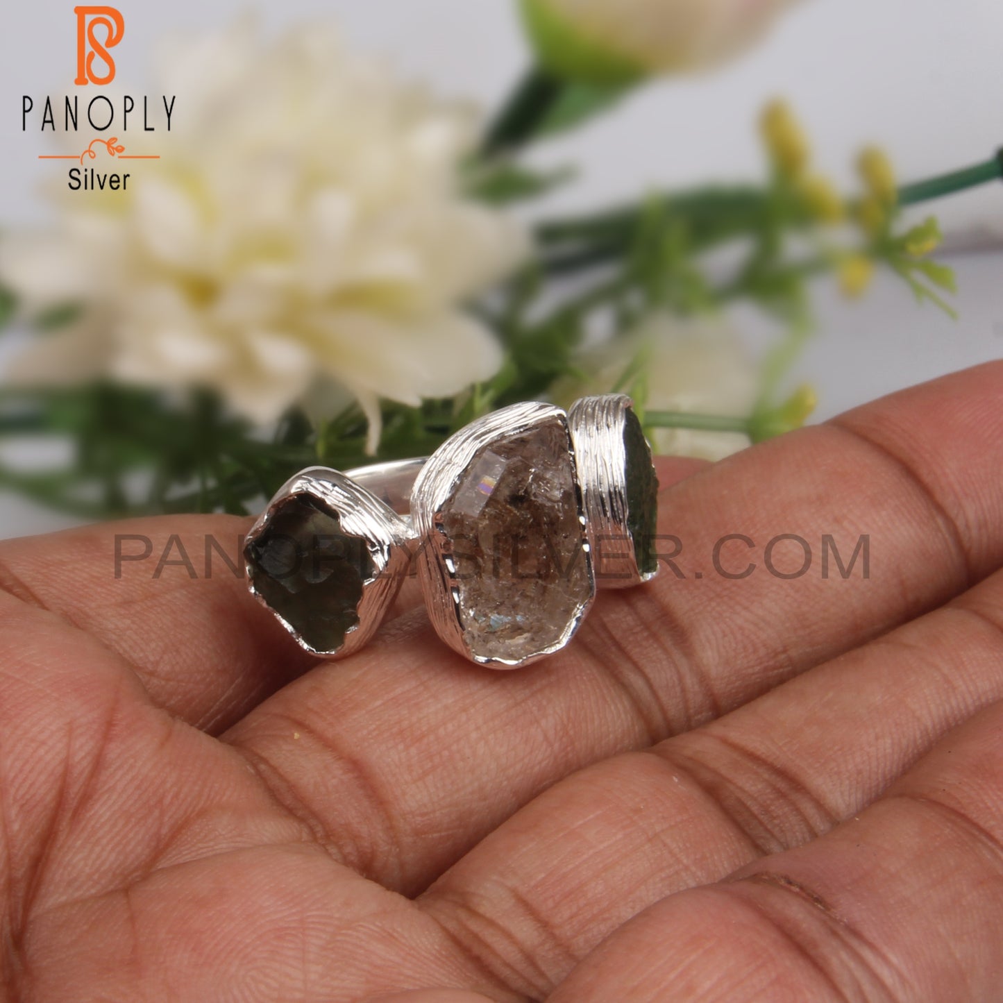 Moldavite & Herkimer Diamond 925 Sterling Silver Ring