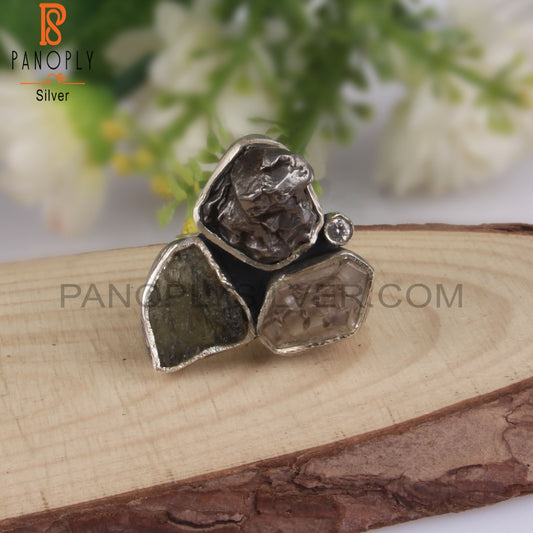 Moldavite, Meteorite, Herkimer Diamond CZ, 925 Silver Ring