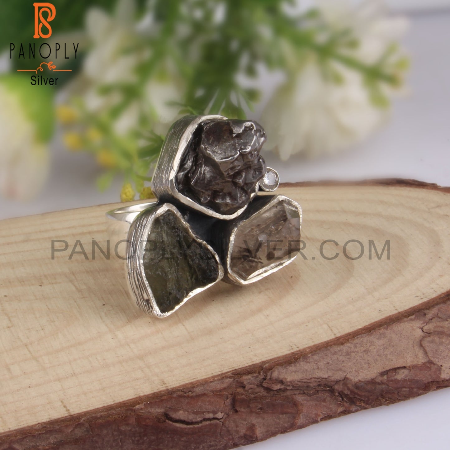 Moldavite, Meteorite, Herkimer Diamond CZ, 925 Silver Ring