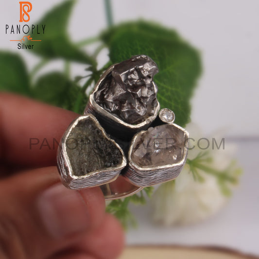 Moldavite, Meteorite, Herkimer Diamond CZ, 925 Silver Ring
