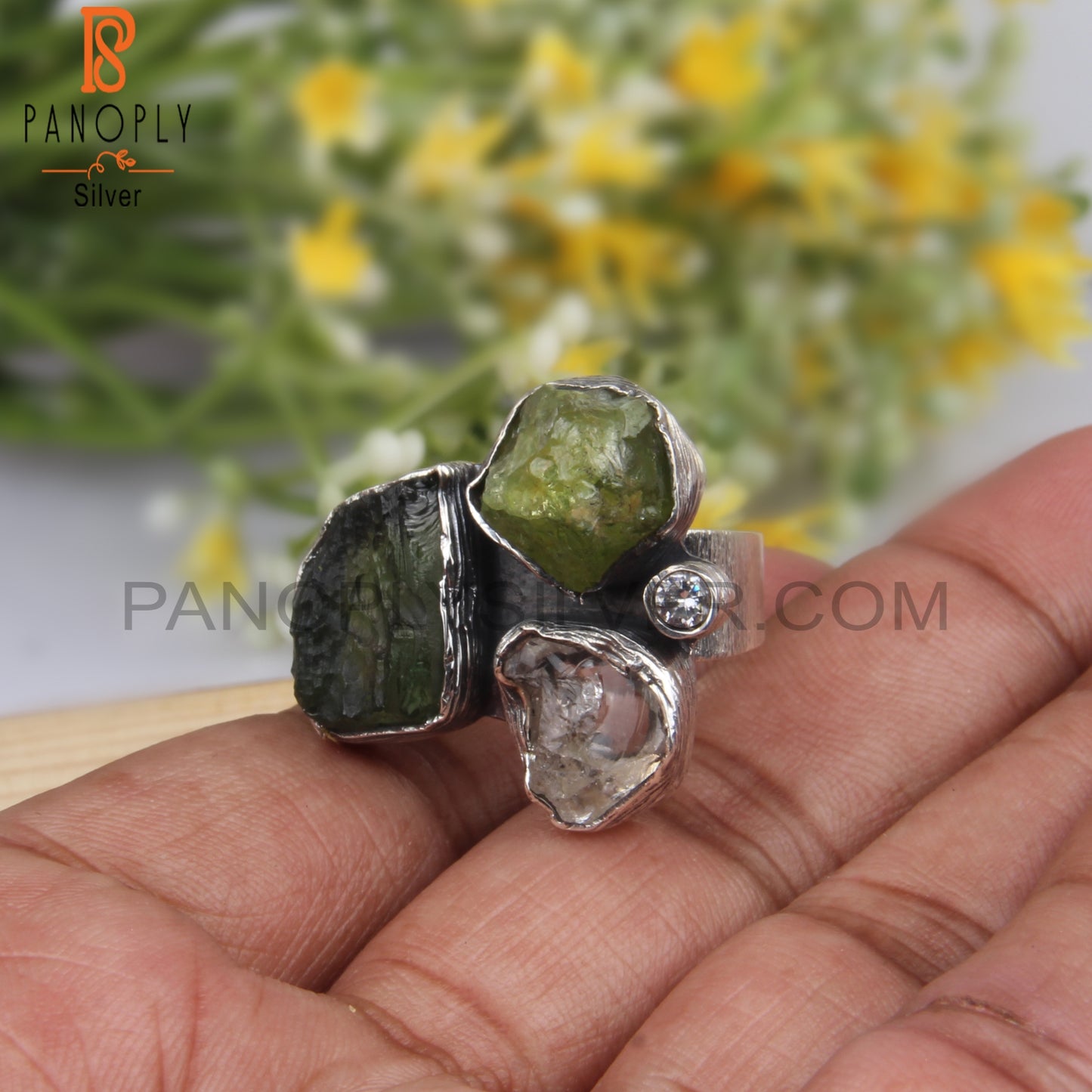Moldavite, Herkimer Diamond, Peridot & Cubic Zirconia Ring