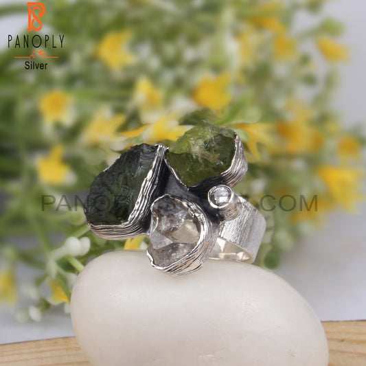 Moldavite, Herkimer Diamond, Peridot & Cubic Zirconia Ring