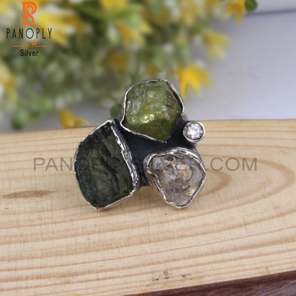 Moldavite, Herkimer Diamond, Peridot & Cubic Zirconia Ring