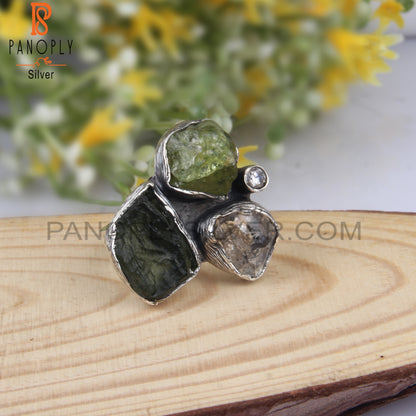 Moldavite, Herkimer Diamond, Peridot & Cubic Zirconia Ring