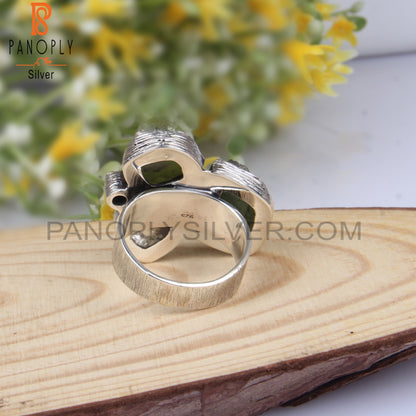 Moldavite, Herkimer Diamond, Peridot & Cubic Zirconia Ring