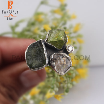 Moldavite, Herkimer Diamond, Peridot & Cubic Zirconia Ring