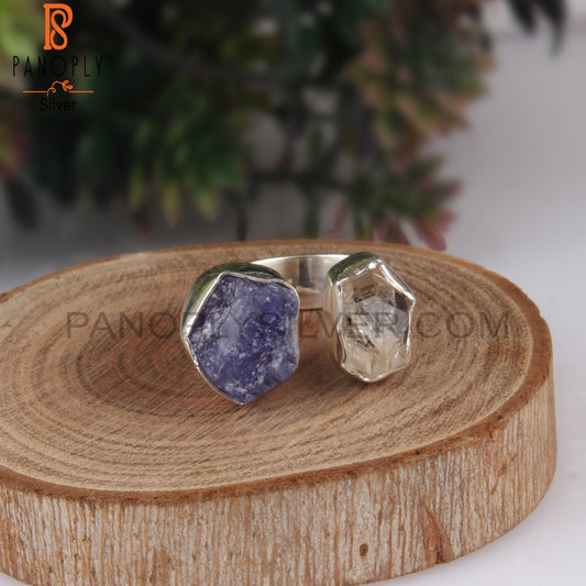 Natural Herkimer Diamond & Tanzanite Rough 925 Silver Ring