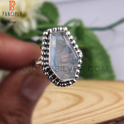 Rainbow Moonstone Coffin Shape 925 Sterling Silver Ring