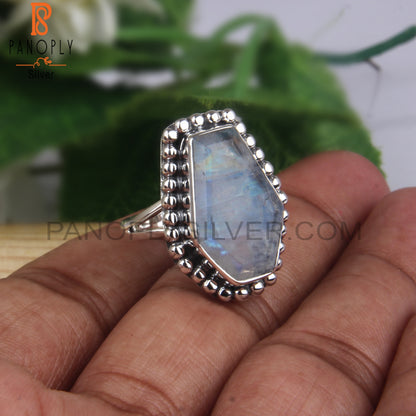 Rainbow Moonstone Coffin Shape 925 Sterling Silver Ring