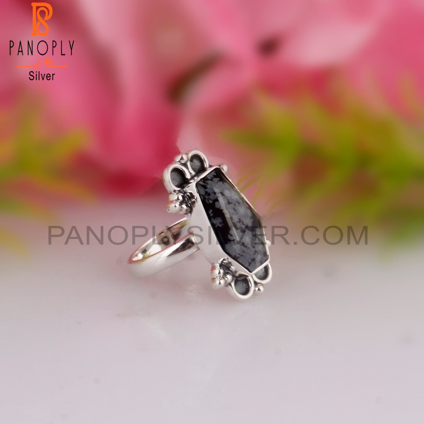 Snowflake Obsidian Aesthetic Coffin Shape 925 Silver Ring