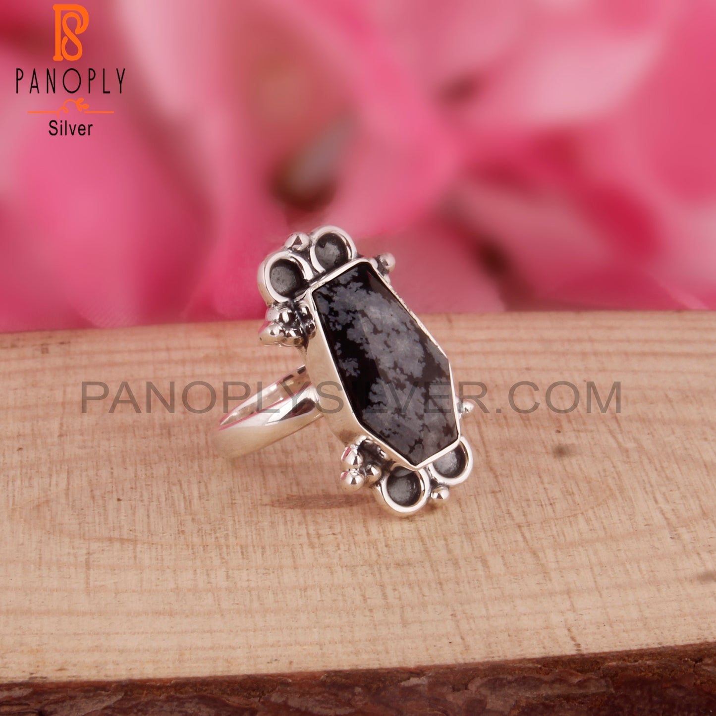 Snowflake Obsidian Aesthetic Coffin Shape 925 Silver Ring