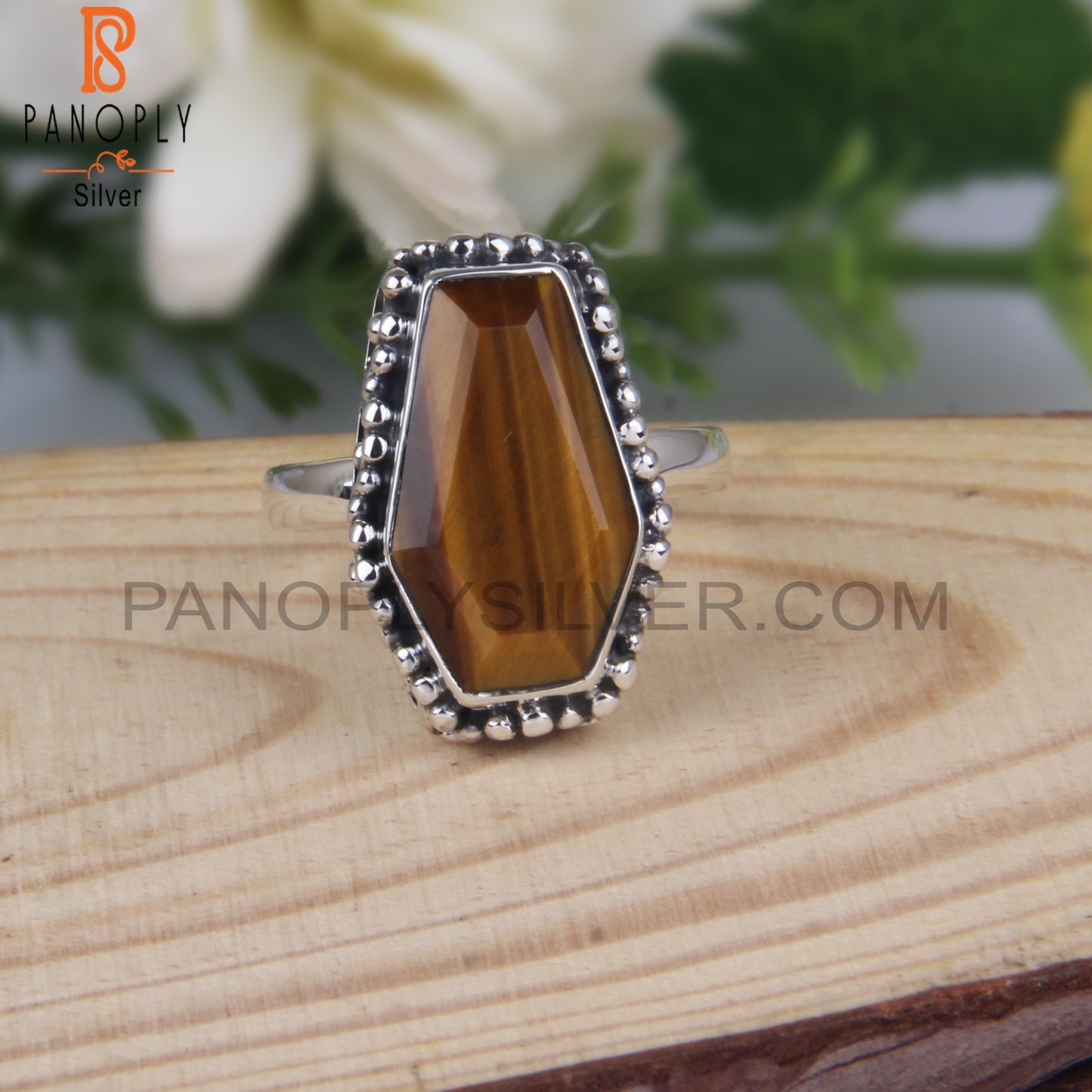 Tiger Eye Yellow Coffin Shape 925 Sterling Silver Ring