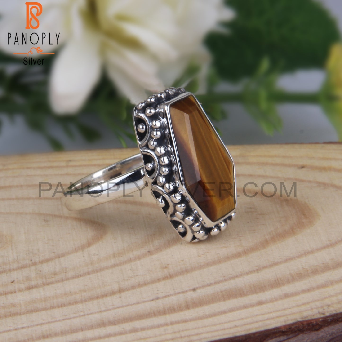 Tiger Eye Yellow Coffin Shape 925 Sterling Silver Ring