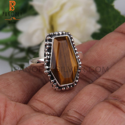 Tiger Eye Yellow Coffin Shape 925 Sterling Silver Ring