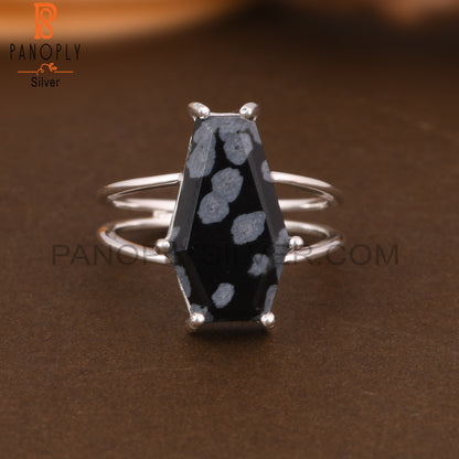 Snowflake Obsidian Coffin Shape 925 Sterling Silver Ring