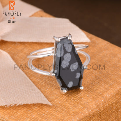 Snowflake Obsidian Coffin Shape 925 Sterling Silver Ring