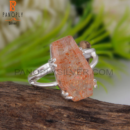 Doublet Sunstone Crystal Coffin Shape 925 Sterling Silver Ring