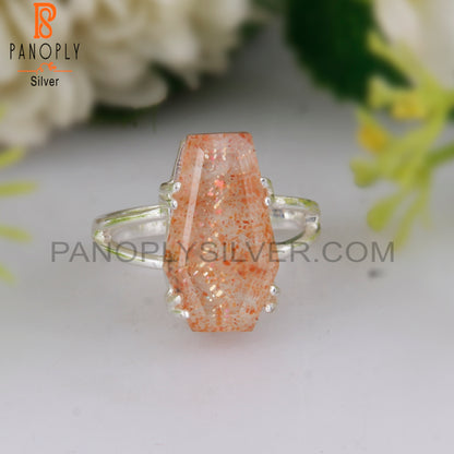 Doublet Sunstone Crystal Coffin Shape 925 Sterling Silver Ring