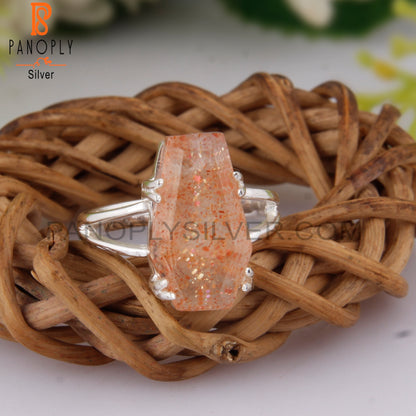 Doublet Sunstone Crystal Coffin Shape 925 Sterling Silver Ring