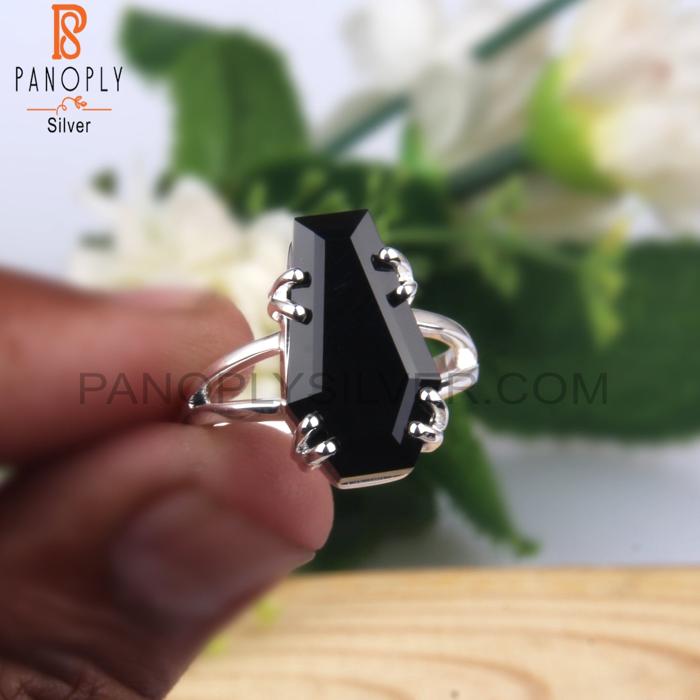 Black Onyx Coffin Shape 925 Sterling Silver Ring
