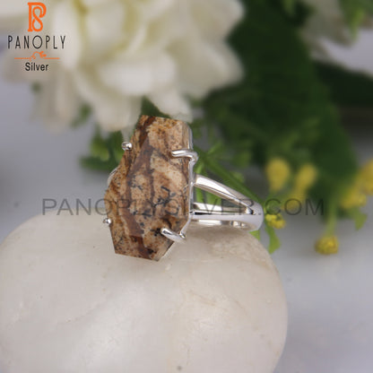Picture Jasper Coffin Shape 925 Sterling Silver Ring