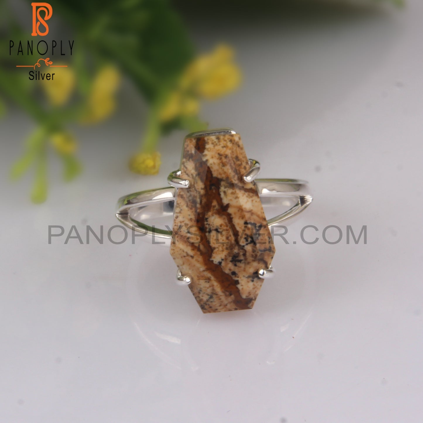 Picture Jasper Coffin Shape 925 Sterling Silver Ring