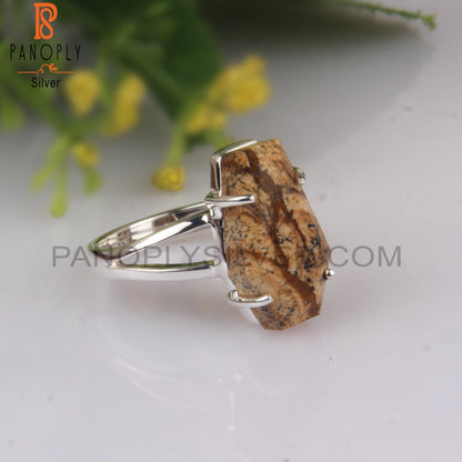 Picture Jasper Coffin Shape 925 Sterling Silver Ring