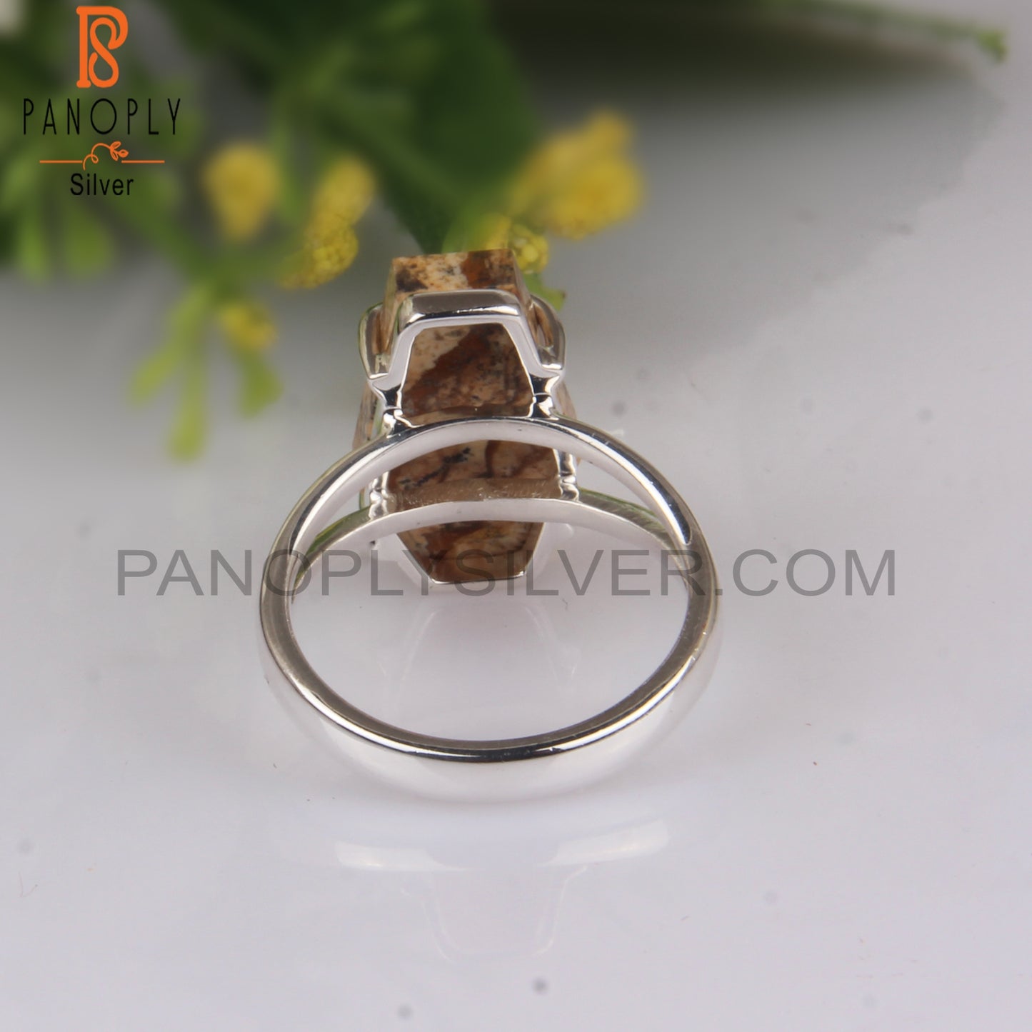 Picture Jasper Coffin Shape 925 Sterling Silver Ring