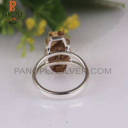 Picture Jasper Coffin Shape 925 Sterling Silver Ring