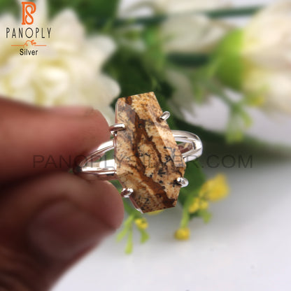 Picture Jasper Coffin Shape 925 Sterling Silver Ring