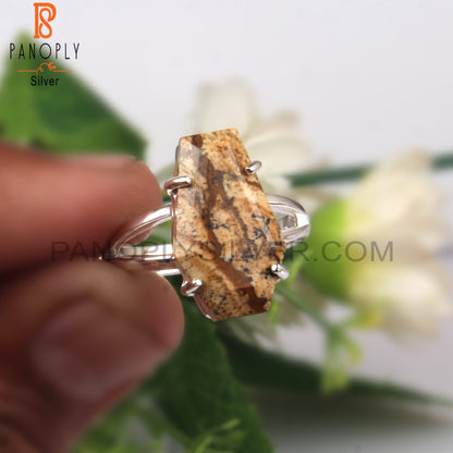 Picture Jasper Coffin Shape 925 Sterling Silver Ring