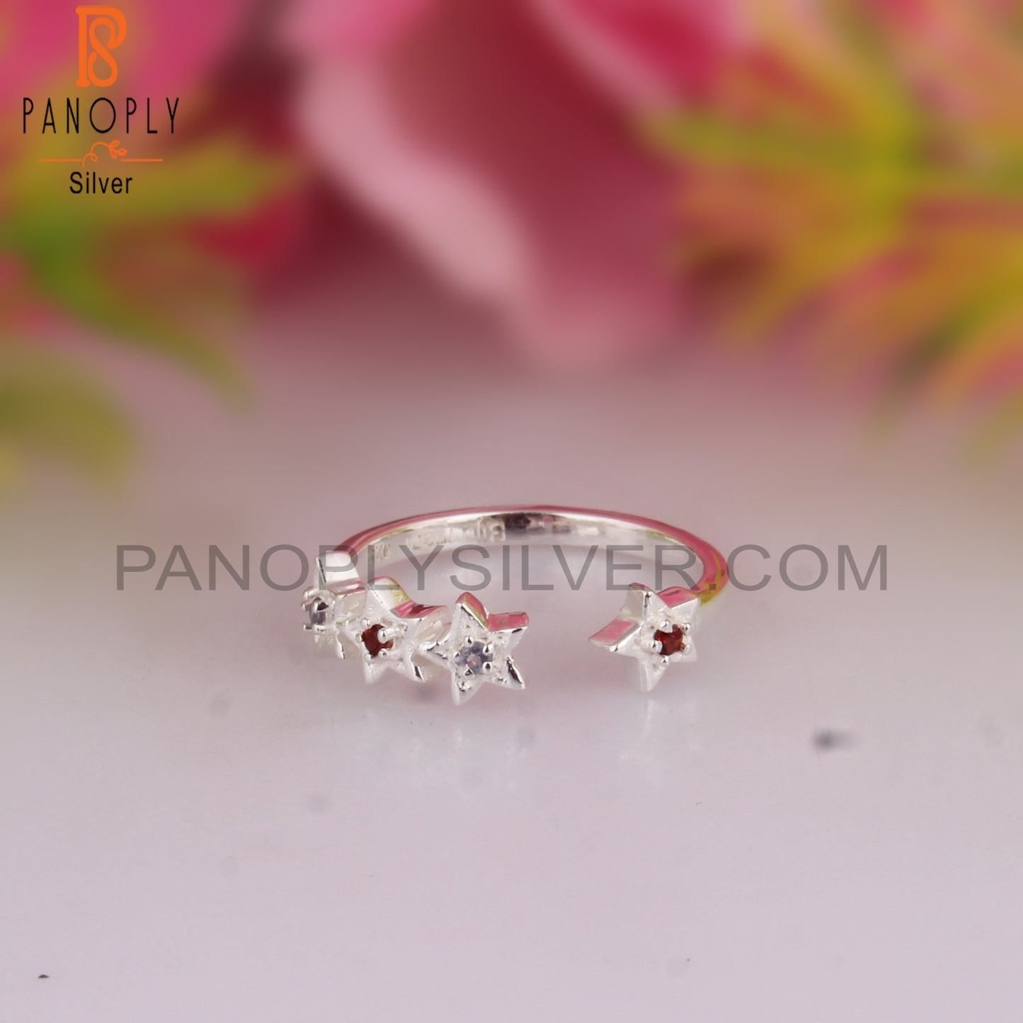 Garnet & Iolite Round Shape 925 Sterling Silver Star Ring