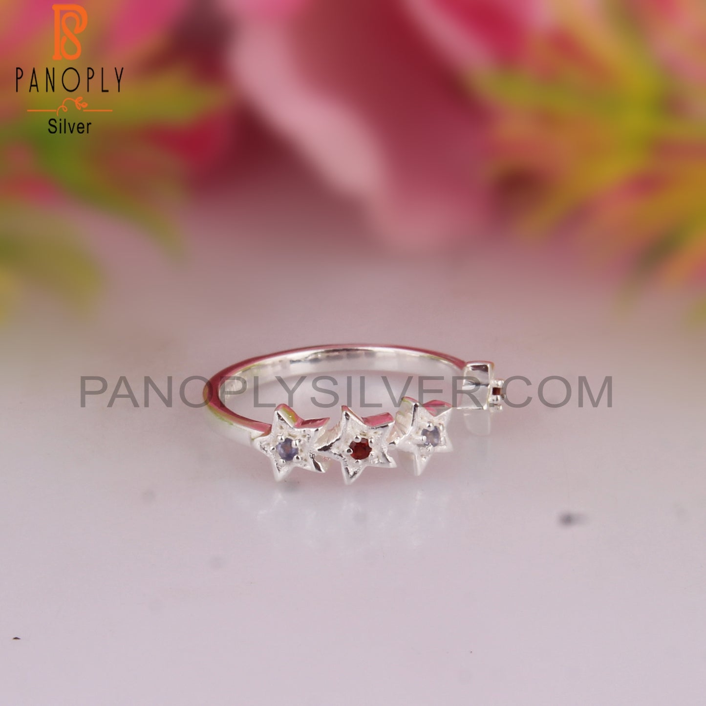 Garnet & Iolite Round Shape 925 Sterling Silver Star Ring