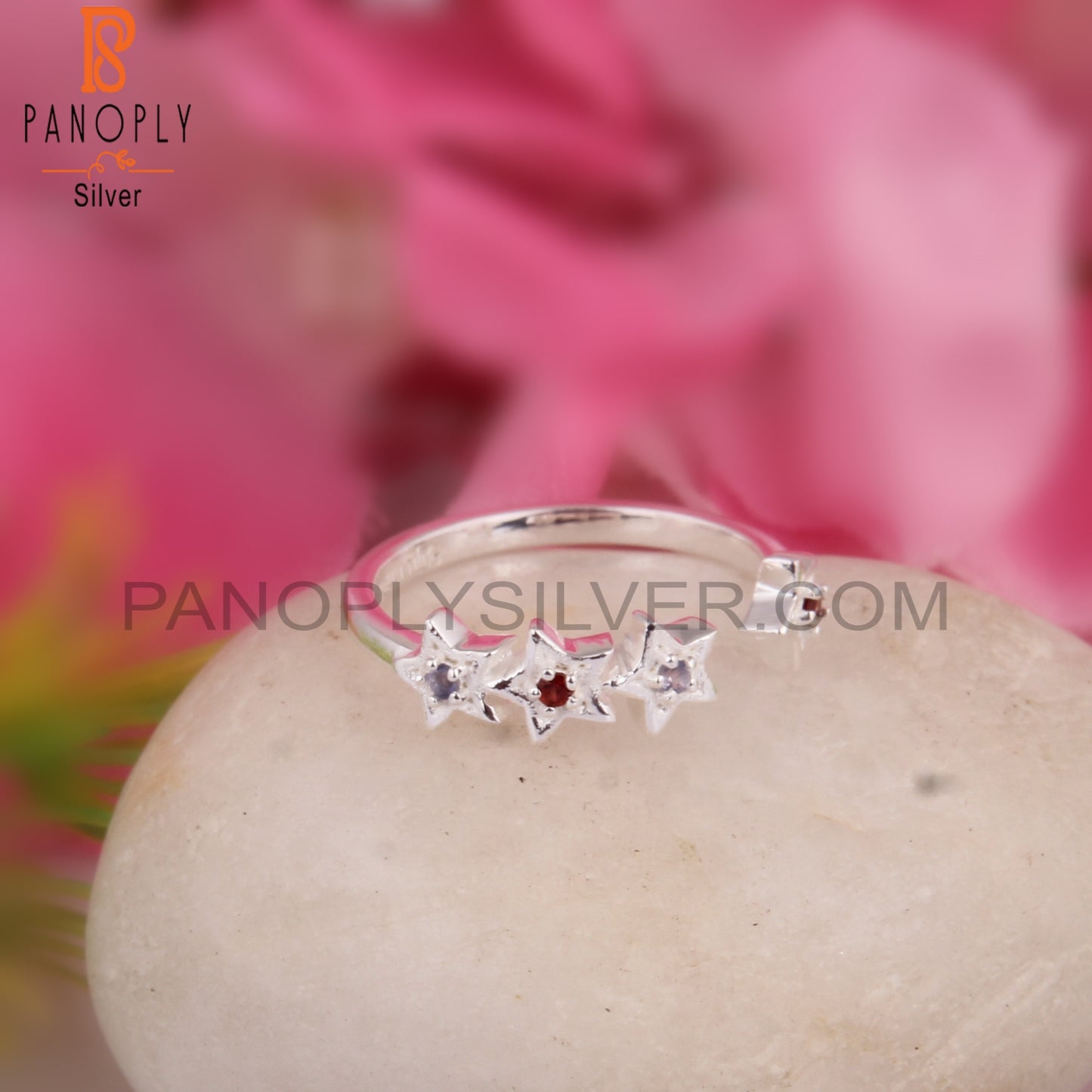 Garnet & Iolite Round Shape 925 Sterling Silver Star Ring
