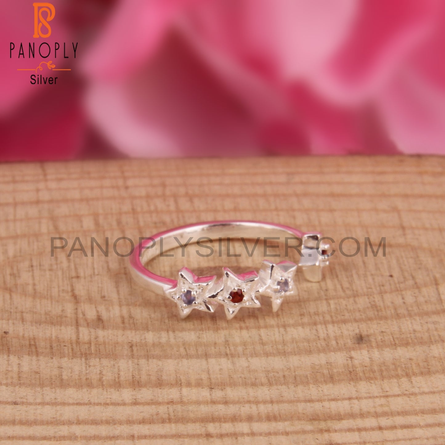 Garnet & Iolite Round Shape 925 Sterling Silver Star Ring