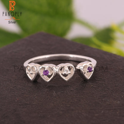 White Topaz & Amethyst Round 925 Sterling Silver Heart Ring