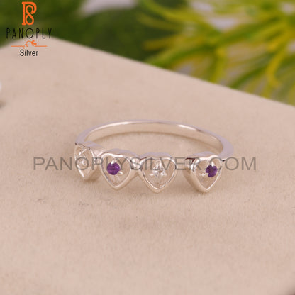 White Topaz & Amethyst Round 925 Sterling Silver Heart Ring