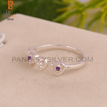 White Topaz & Amethyst Round 925 Sterling Silver Heart Ring