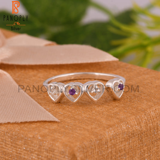 White Topaz & Amethyst Round 925 Sterling Silver Heart Ring