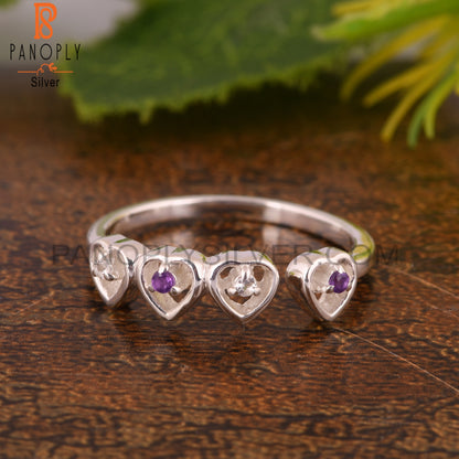 White Topaz & Amethyst Round 925 Sterling Silver Heart Ring