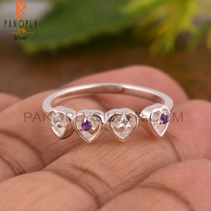White Topaz & Amethyst Round 925 Sterling Silver Heart Ring