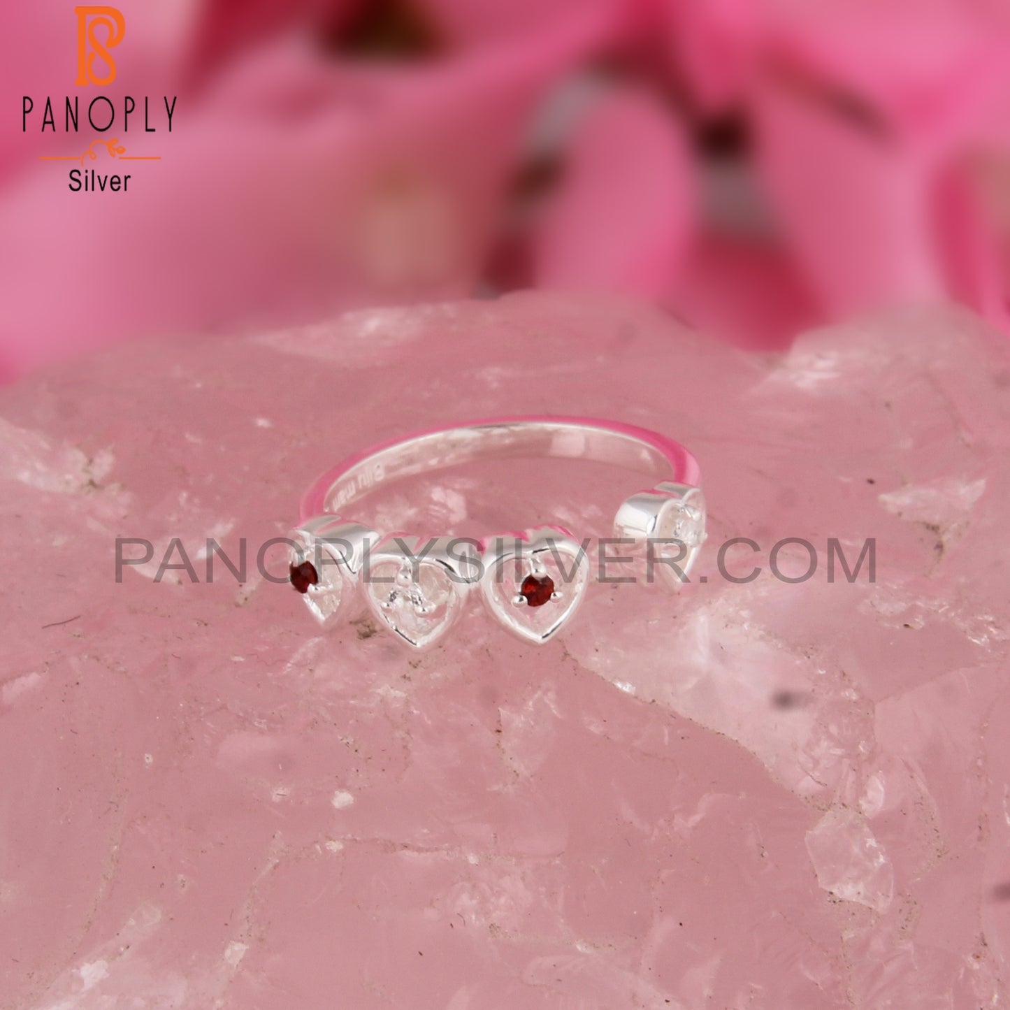 Garnet & White Topaz 925 Sterling Silver Stackable Ring