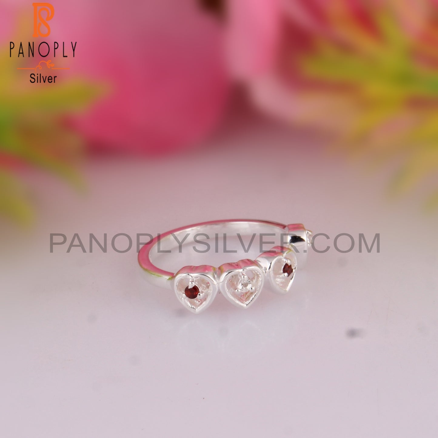 Garnet & White Topaz 925 Sterling Silver Stackable Ring