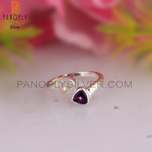 Ethiopian Opal & Amethyst Triangular Shape 925 Silver Ring